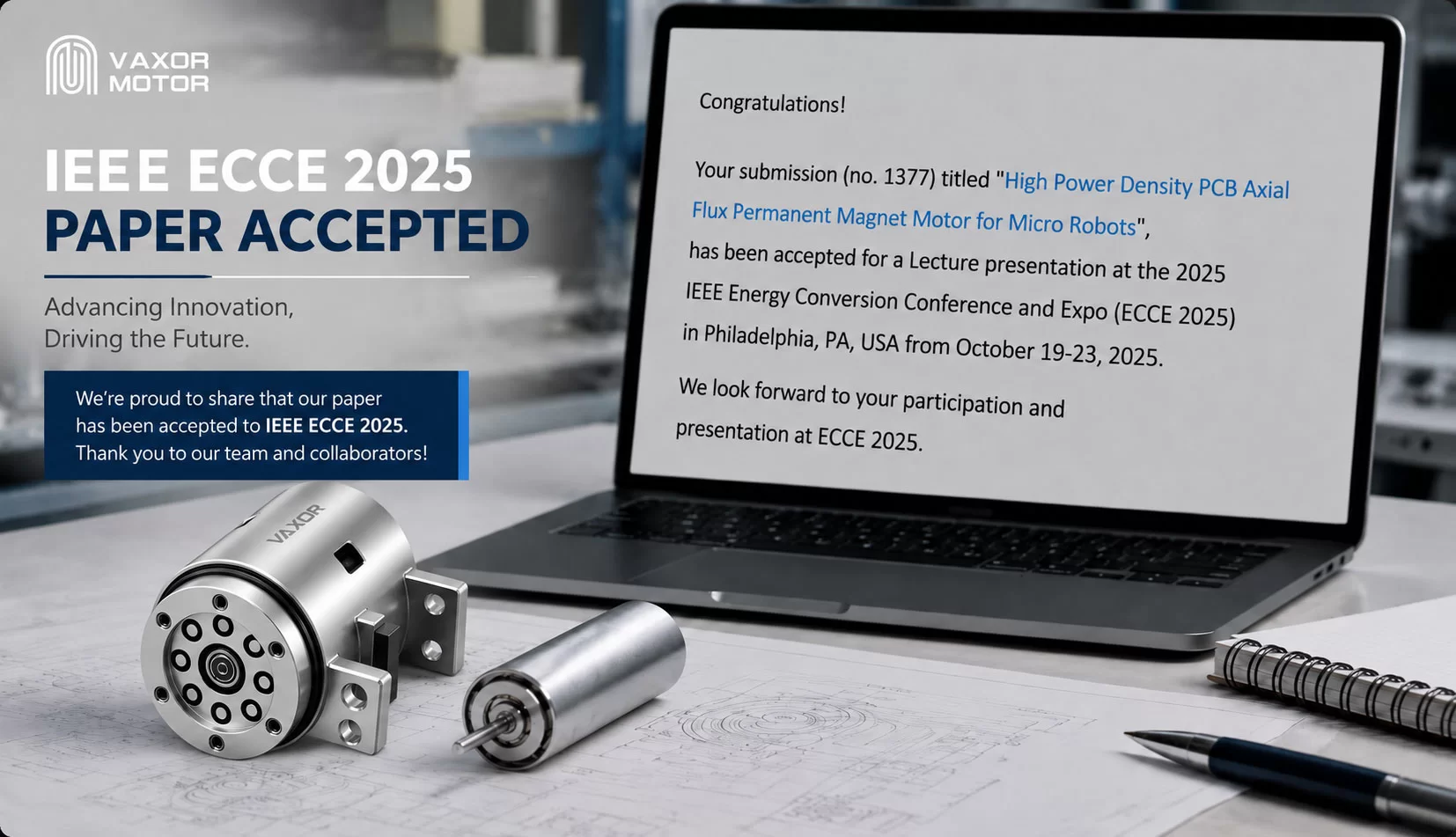 Pesquisa de motor de micro fluxo axial da VAXOR MOTOR aceita pelo IEEE ECCE 2025
